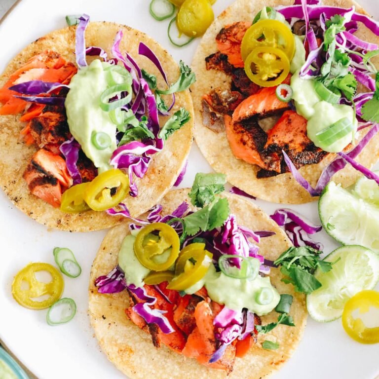 Grilled Salmon Tacos with Avocado Crema